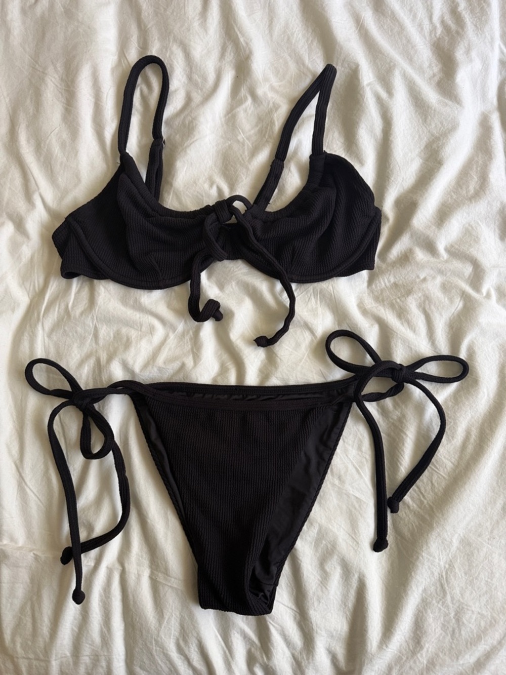 Toluca Swim: Black Ribbed Tie-Side Bikini Set